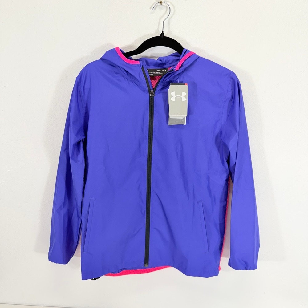Under Armour Girls 6X Blue Violet Full Zip Wind-resistant Sack Pack Rain Jacket